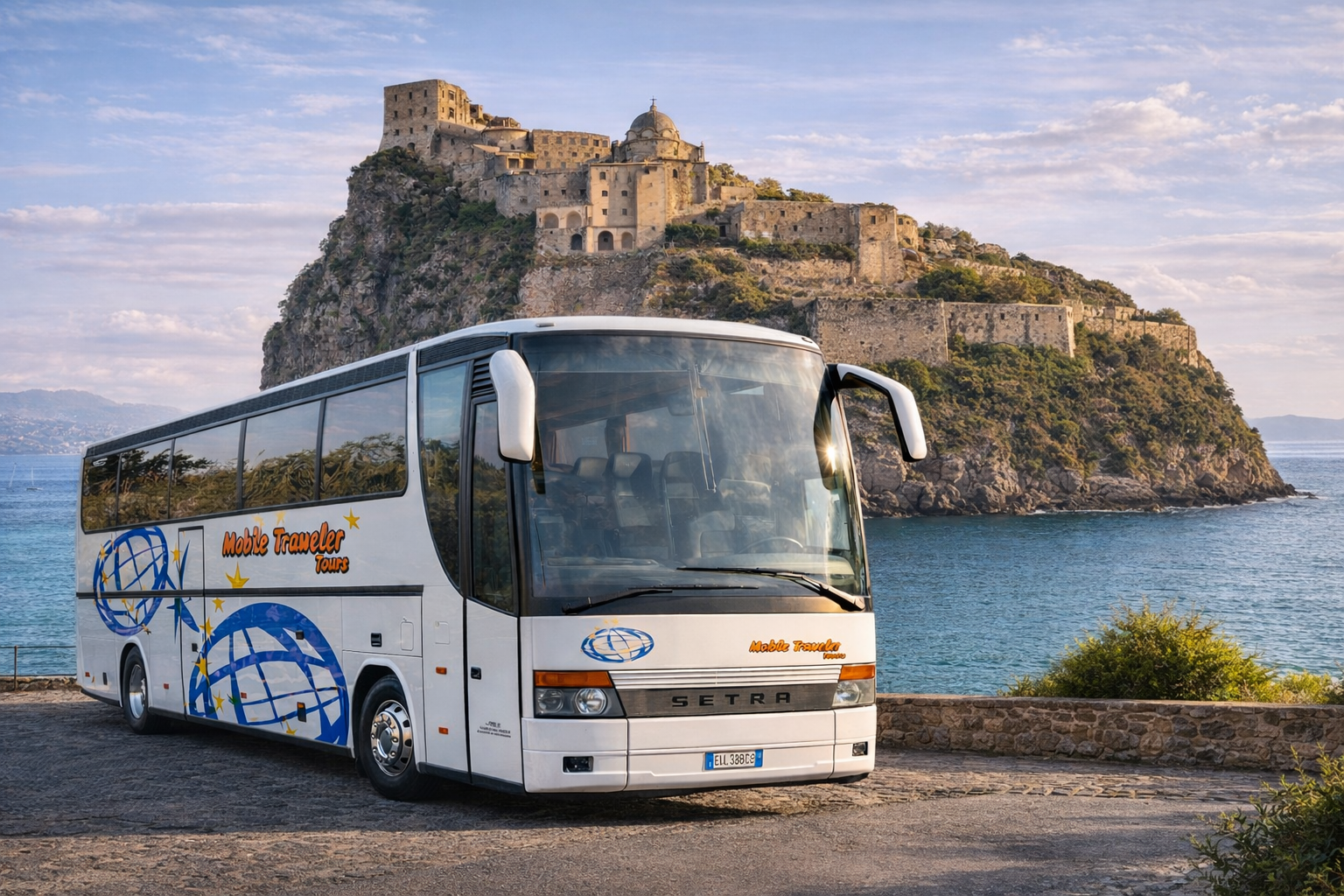 Group transfer coach in front of Ischia Aragonese Castle